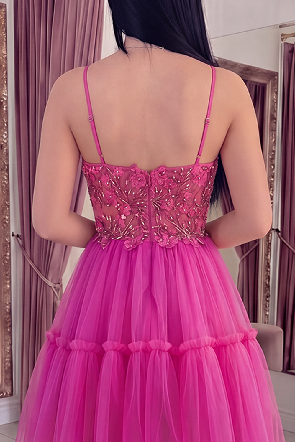 Sparkly Fuchsia Floral Corset Beaded A Line Short Spaghetti Straps Homecoming Dress
