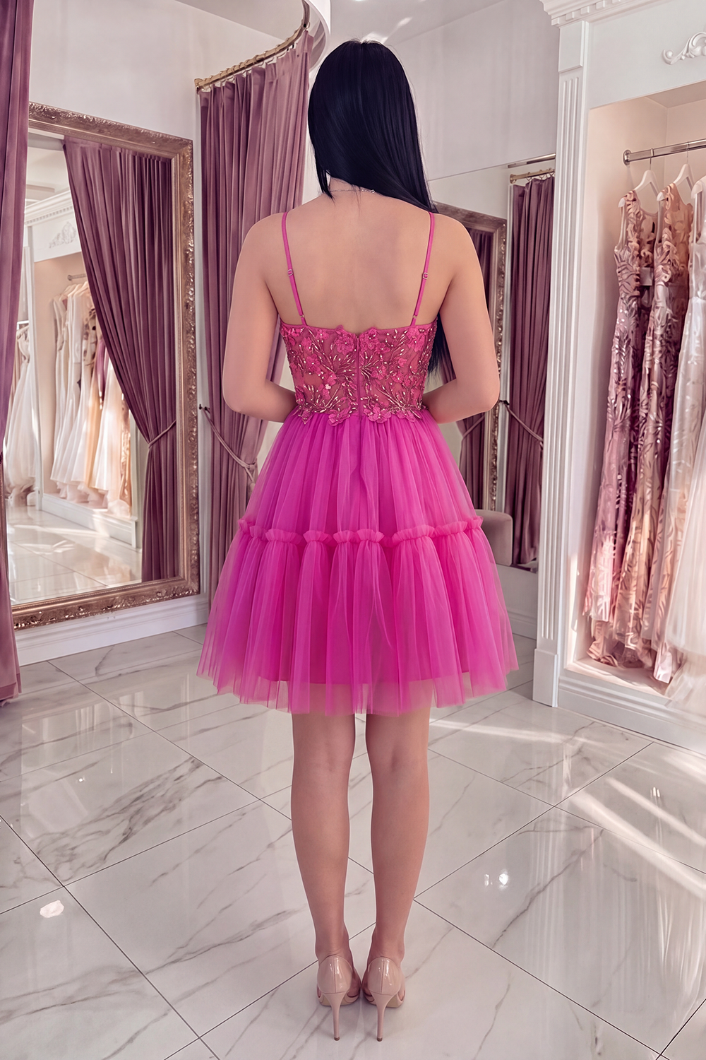 Sparkly Fuchsia Floral Corset Beaded A Line Short Spaghetti Straps Homecoming Dress