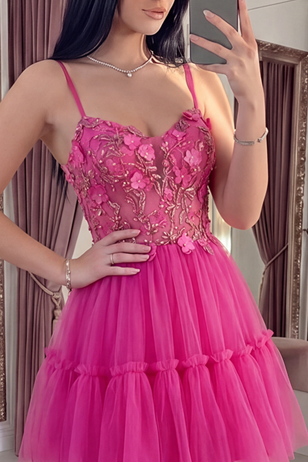 Sparkly Fuchsia Floral Corset Beaded A Line Short Spaghetti Straps Homecoming Dress
