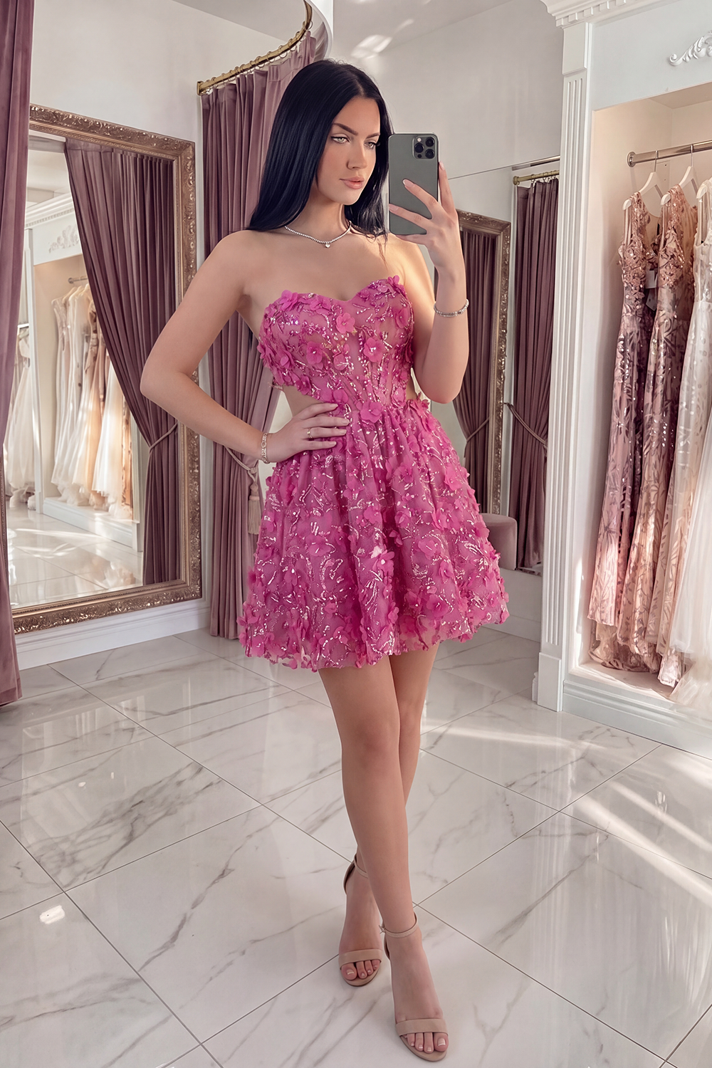Sparkly Fuchsia A Line Corset Cut Out Floral Beaded Short Homecoming Dress