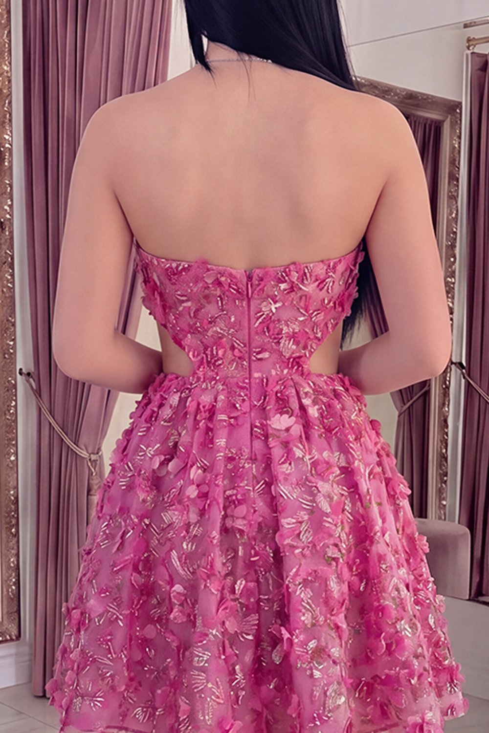 Sparkly Fuchsia A Line Corset Cut Out Floral Beaded Short Homecoming Dress
