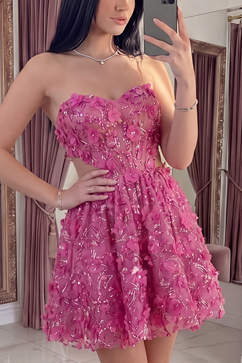 Sparkly Fuchsia A Line Corset Cut Out Floral Beaded Short Homecoming Dress