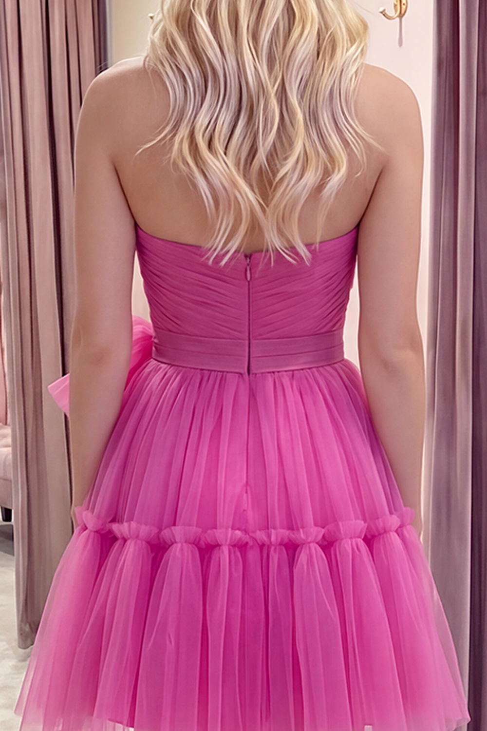 Fuchsia Sweetheart Tulle A Line Short Ruched Homecoming Dress with Bow