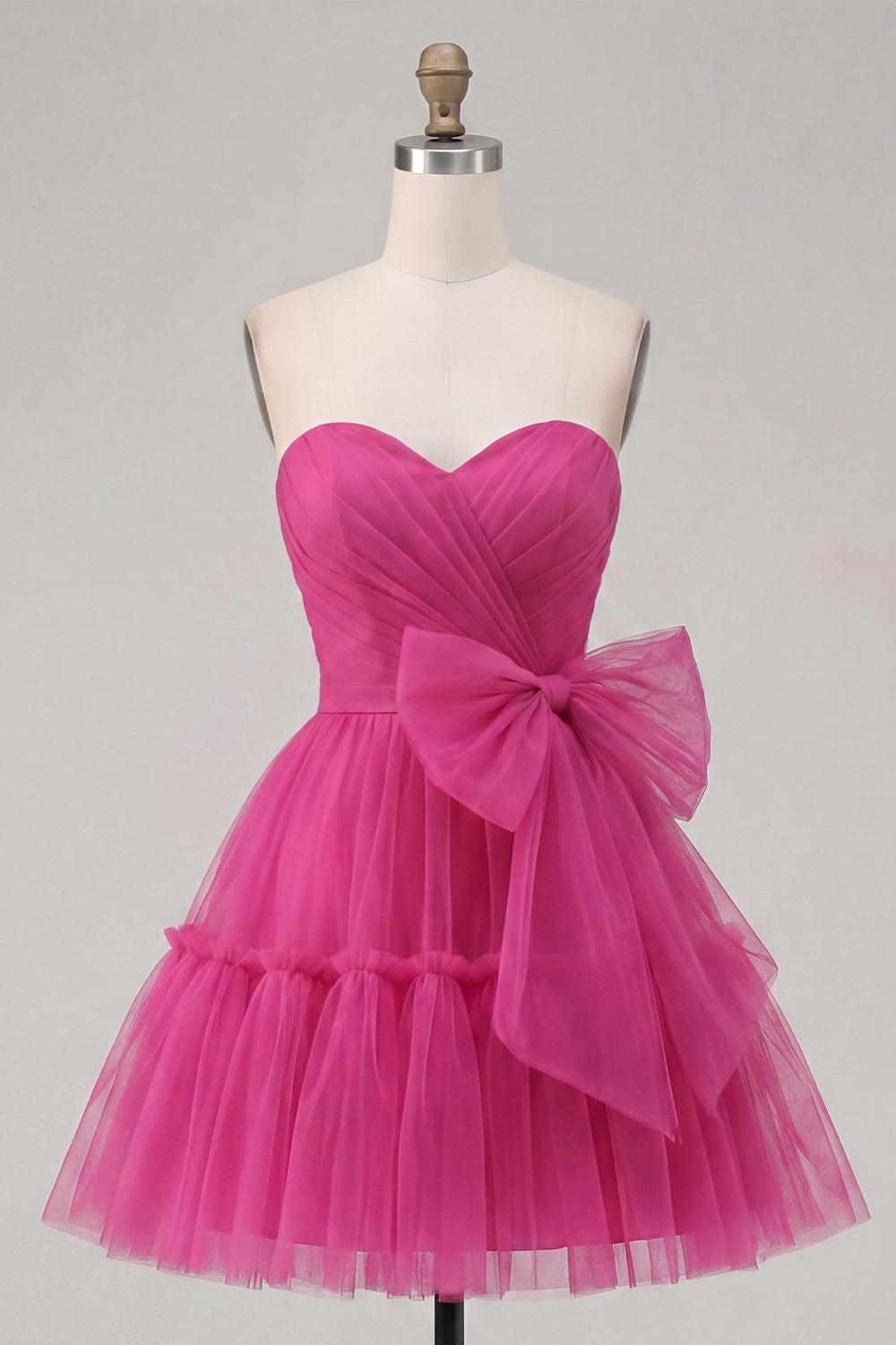 Fuchsia Sweetheart Tulle A Line Short Ruched Homecoming Dress with Bow