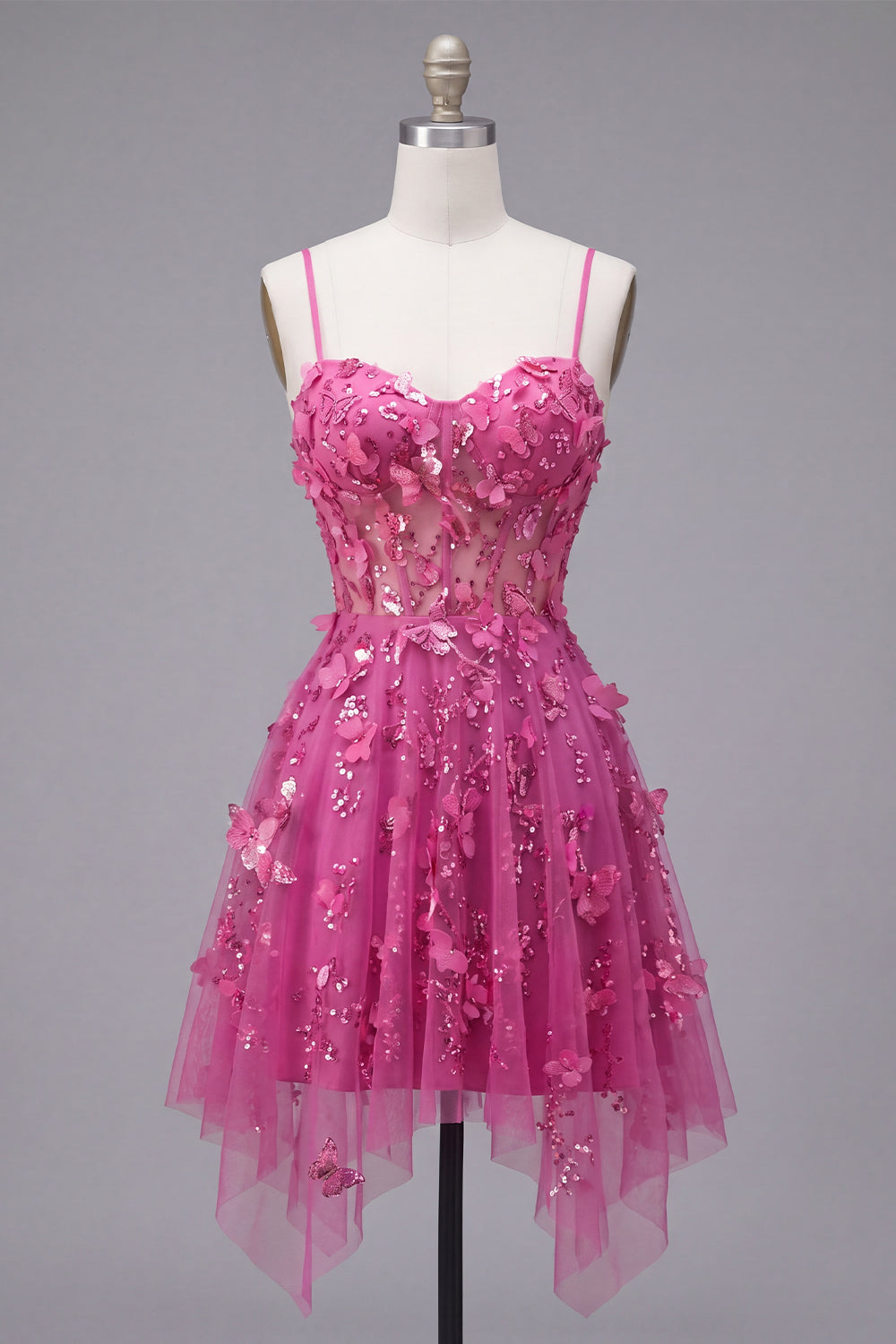 Sparkly Beaded Short A Line Fuchsia Corset Floral Homecoming Dress
