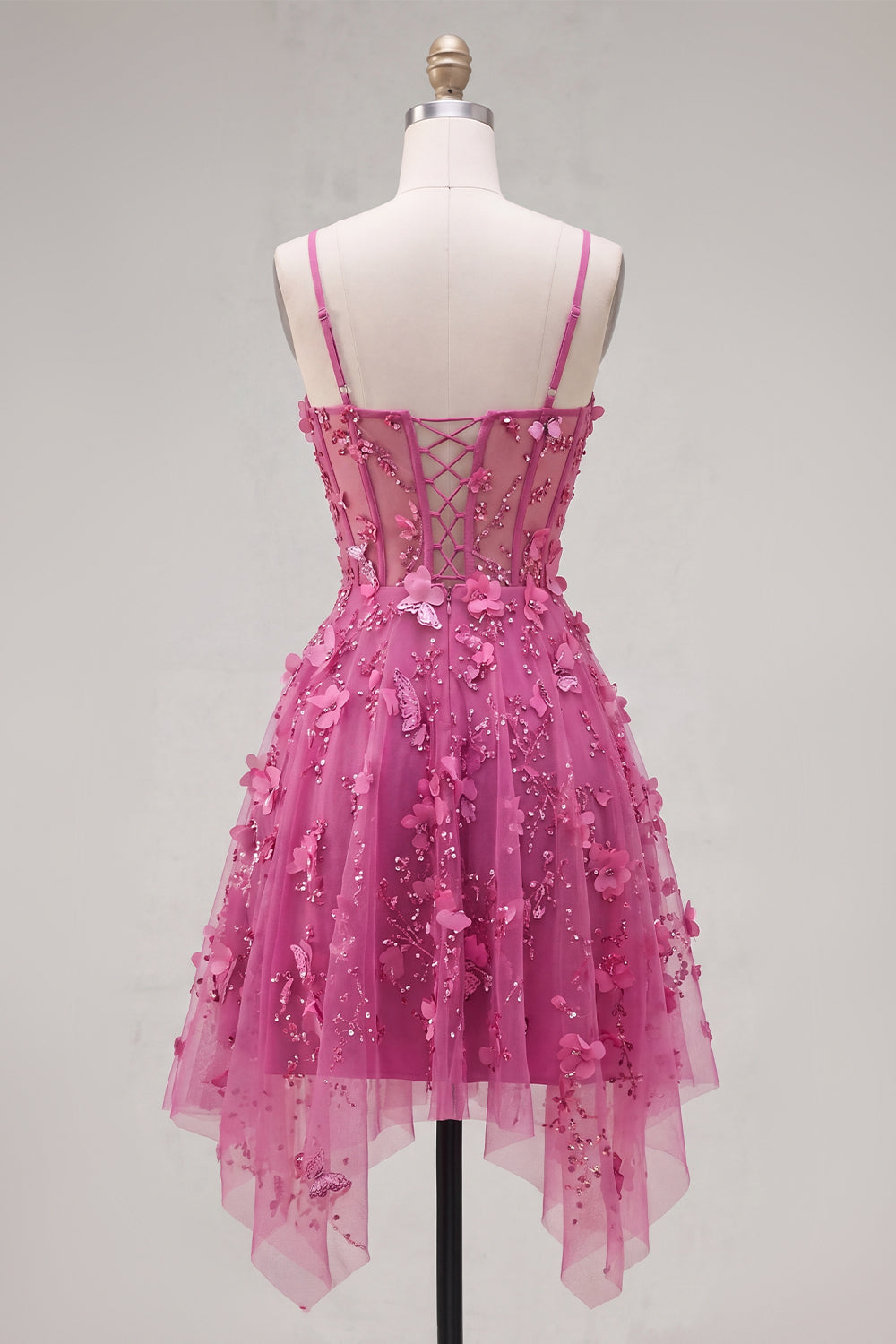 Sparkly Beaded Short A Line Fuchsia Corset Floral Homecoming Dress