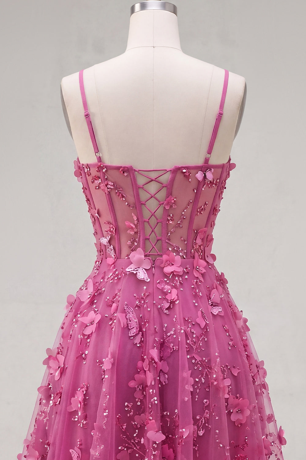 Sparkly Beaded Short A Line Fuchsia Corset Floral Homecoming Dress