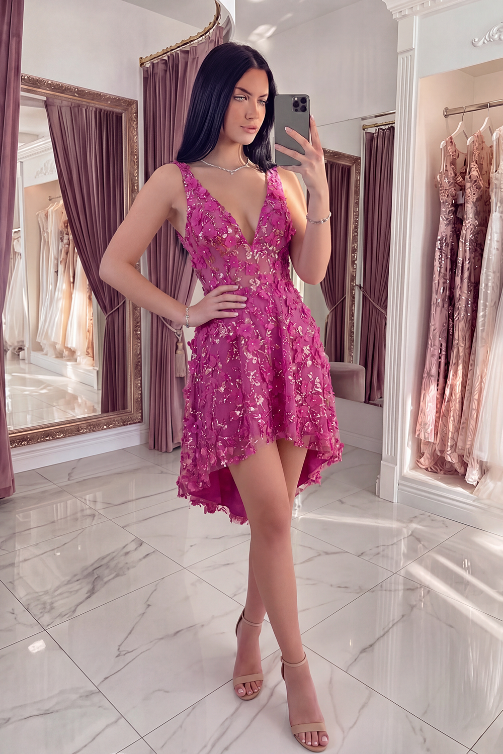 Sparkly Fuchsia Beaded High Low A Line Floral Homecoming Dress