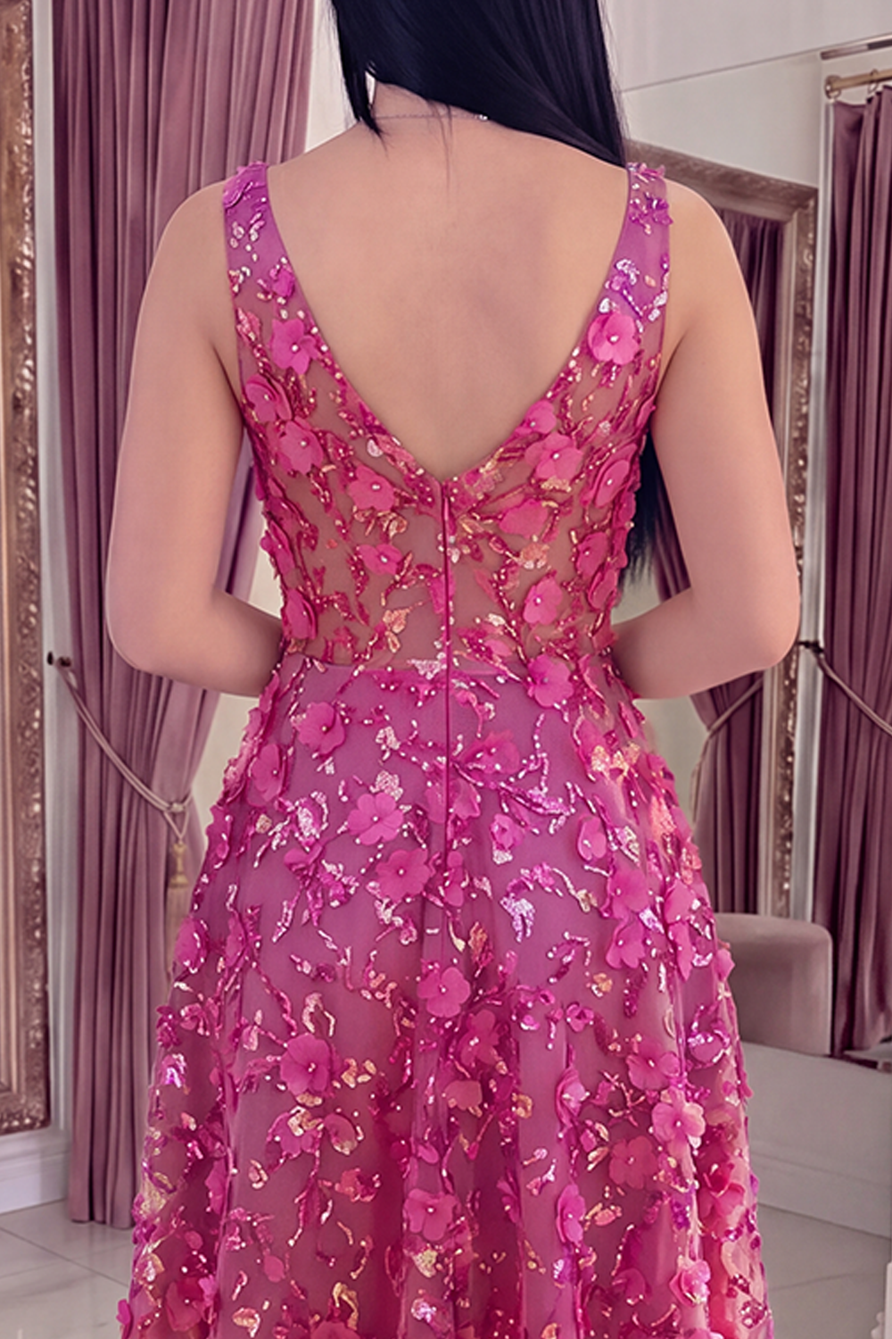 Sparkly Fuchsia Beaded High Low A Line Floral Homecoming Dress