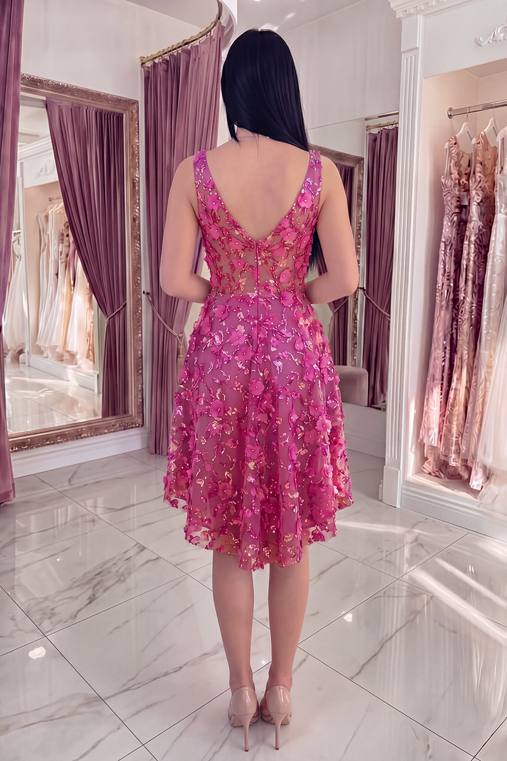 Sparkly Fuchsia Beaded High Low A Line Floral Homecoming Dress