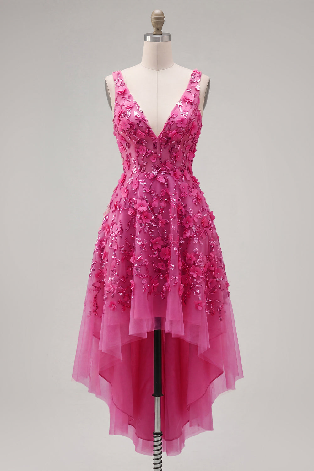 Sparkly Fuchsia Beaded High Low A Line Floral Homecoming Dress