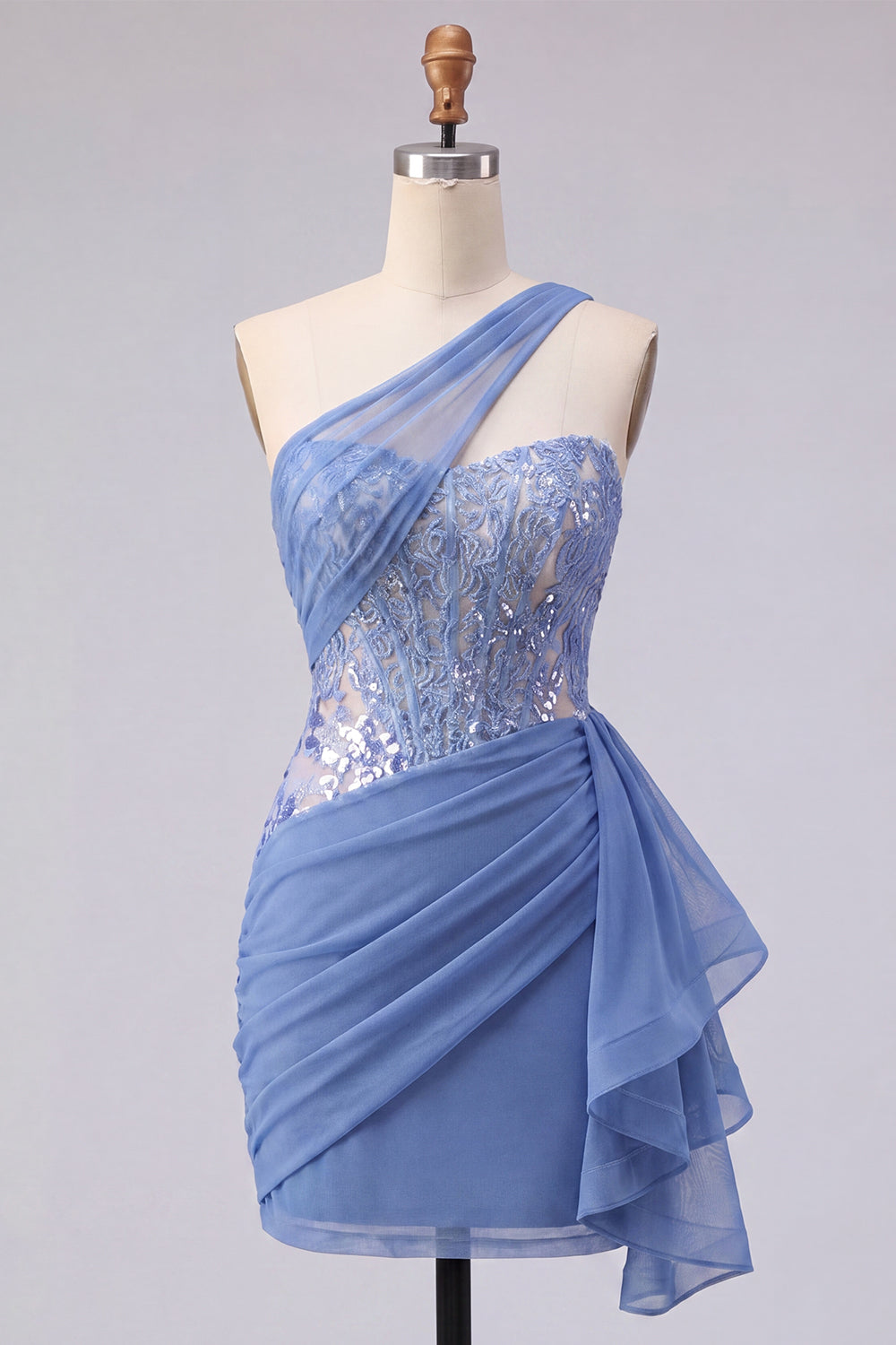 Sparkly Grey Blue Tight Corset Short Ruched Homecoming Dress with Lace