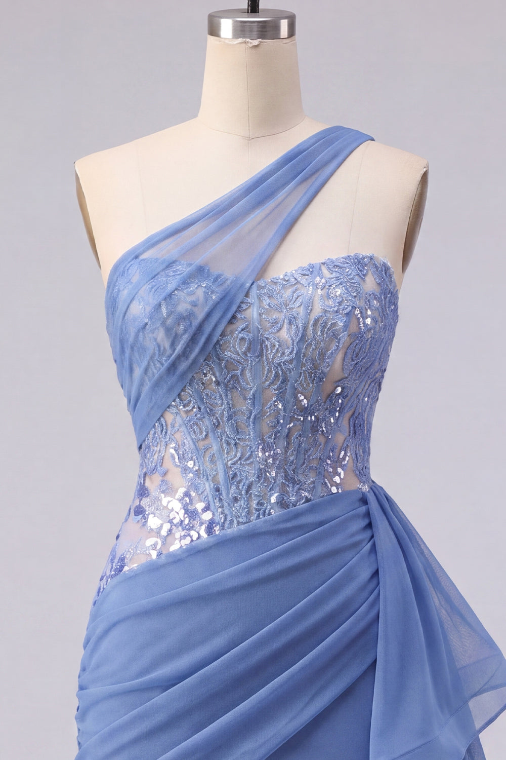 Sparkly Grey Blue Tight Corset Short Ruched Homecoming Dress with Lace