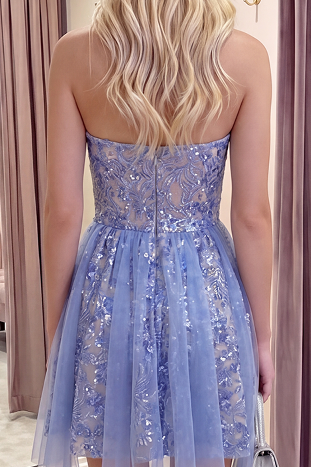 Sparkly Grey Blue Ruched Corset Short Homecoming Dress with Lace