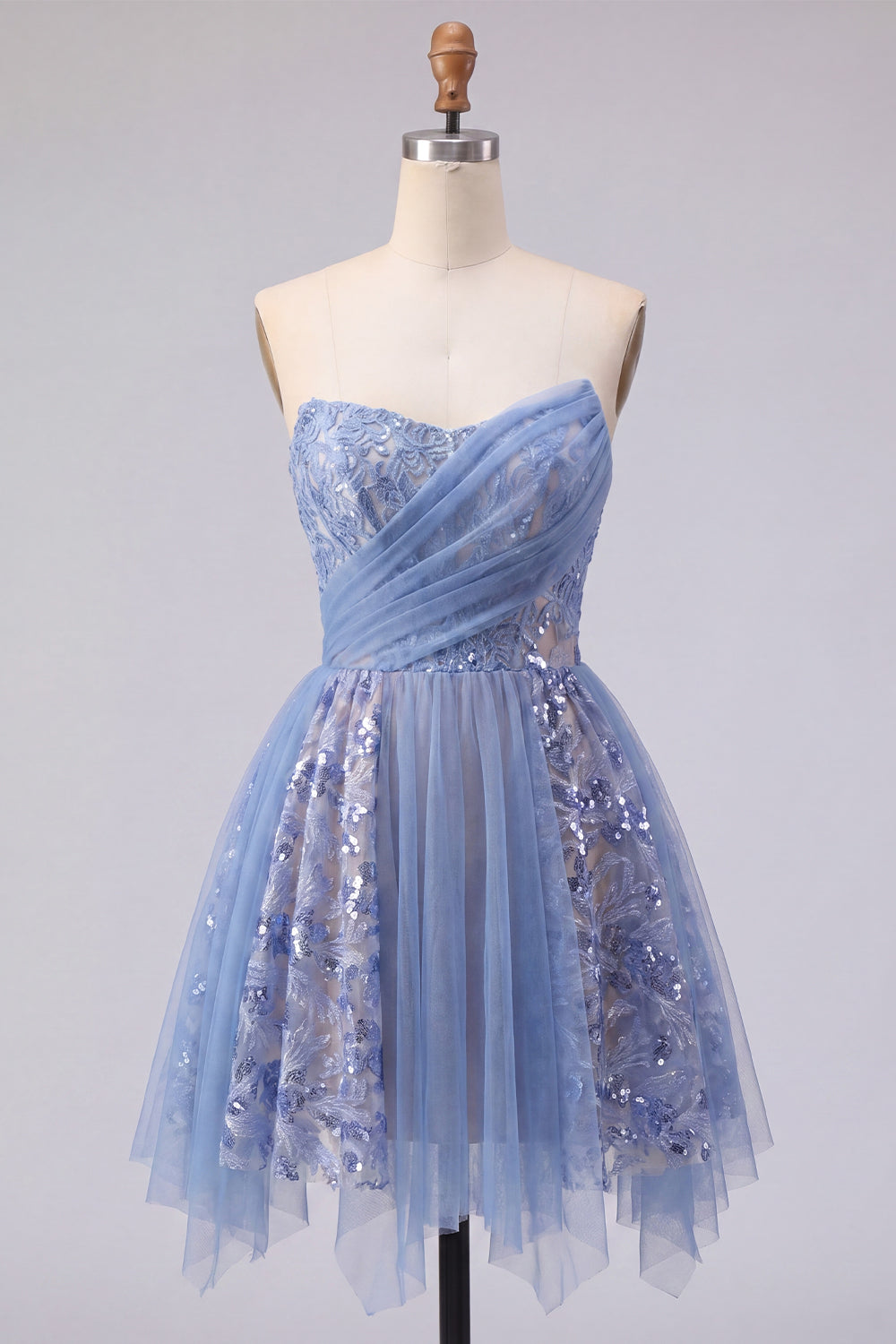 Sparkly Grey Blue Ruched Corset Short Homecoming Dress with Lace