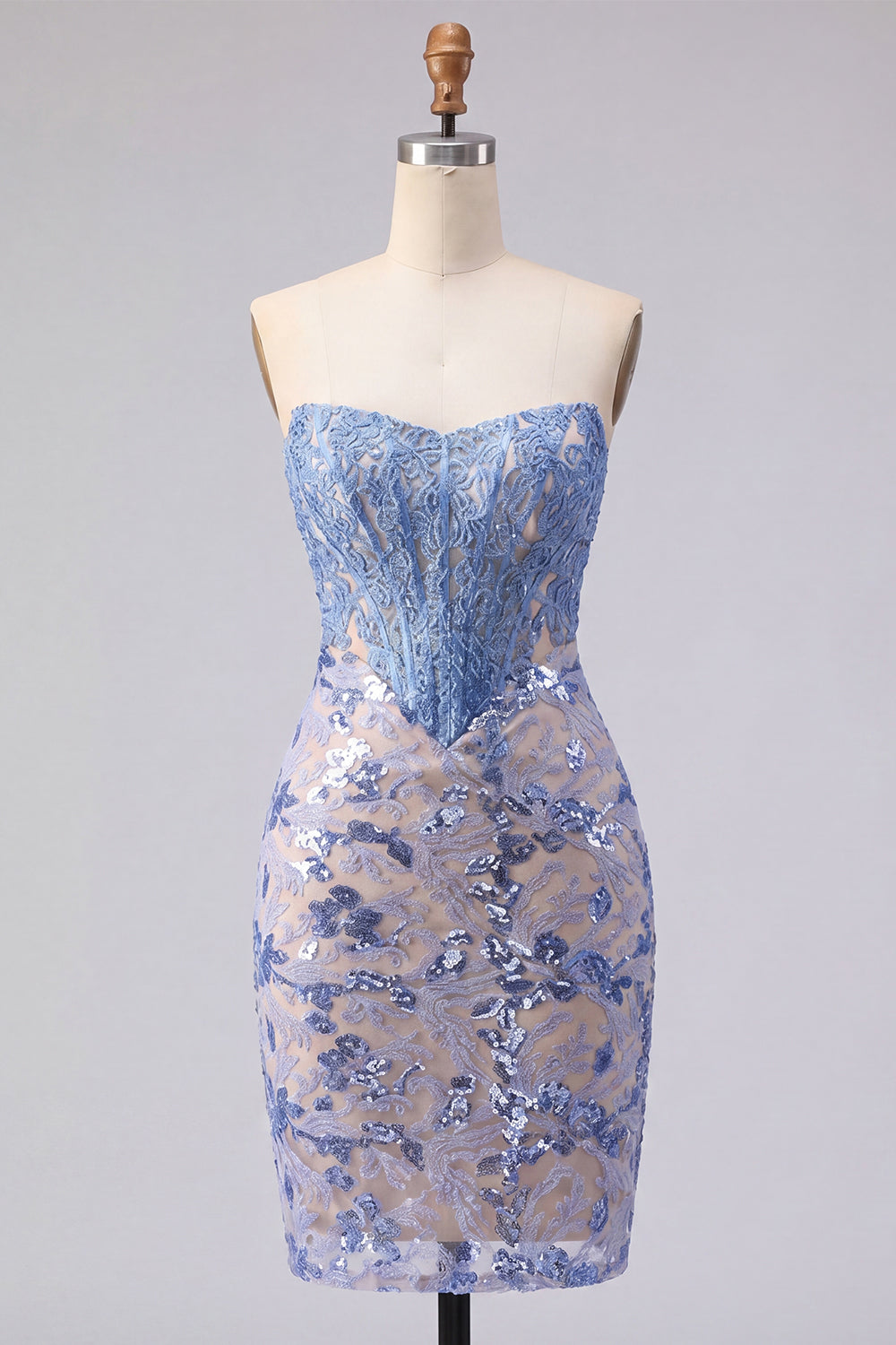 Sparkly Grey Blue Strapless Tight Corset Short Lace Homecoming Dress