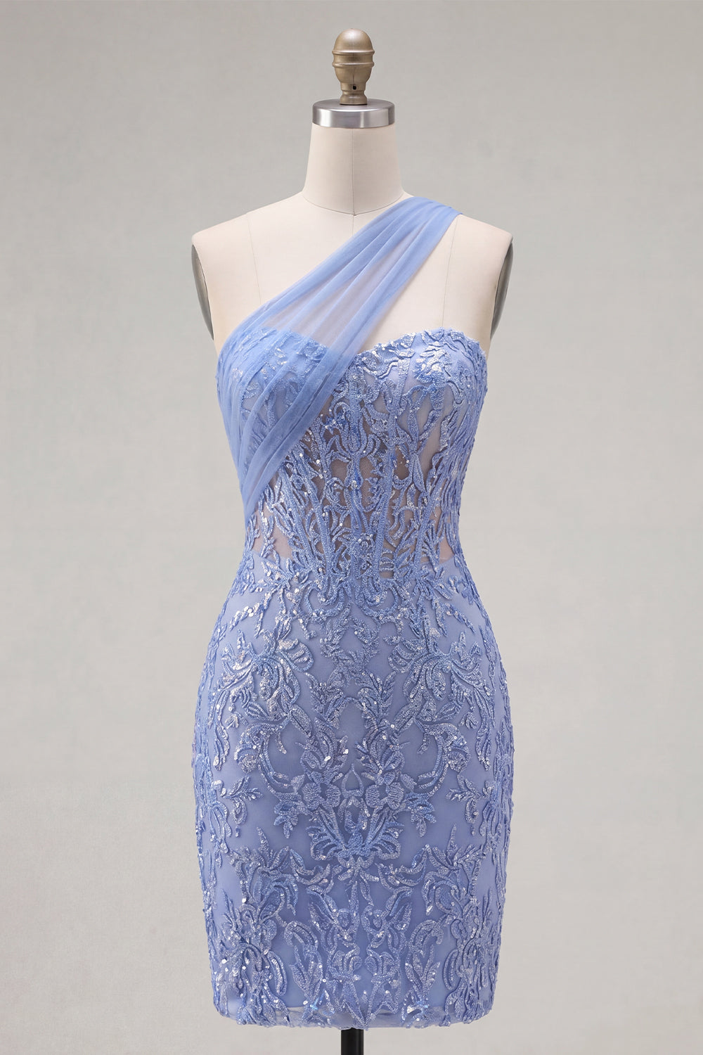 Sparkly Grey Blue One Shoulder Corset Tight Short Lace Homecoming Dress