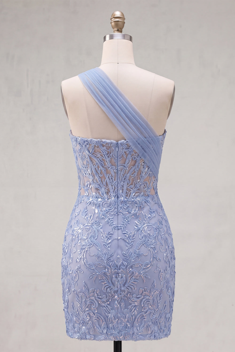 Sparkly Grey Blue One Shoulder Corset Tight Short Lace Homecoming Dress