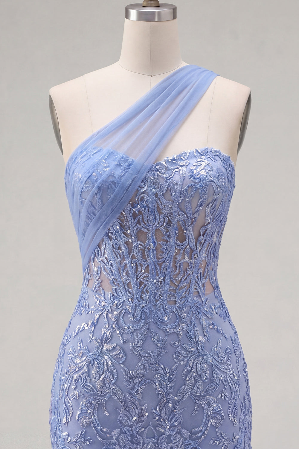 Sparkly Grey Blue One Shoulder Corset Tight Short Lace Homecoming Dress