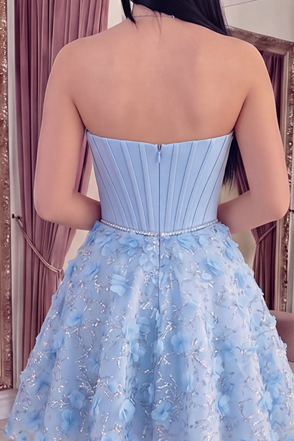 Sparkly Blue Strapless A Line Corset Floral Short Beaded Homecoming Dress