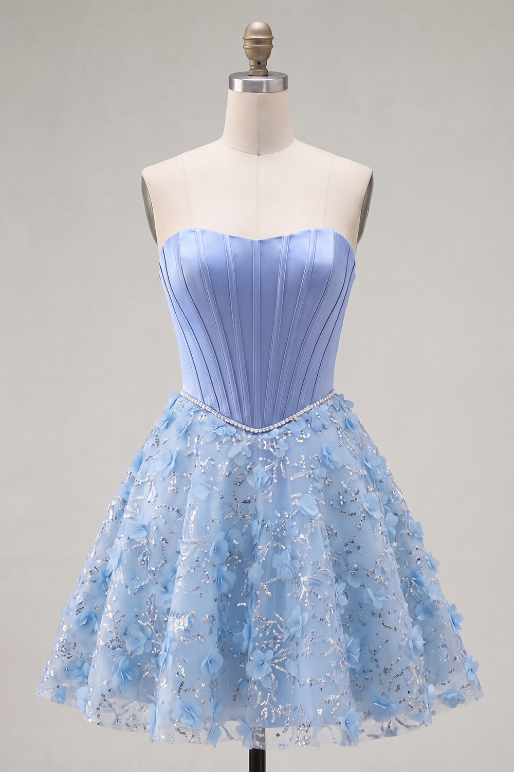 Sparkly Blue Strapless A Line Corset Floral Short Beaded Homecoming Dress