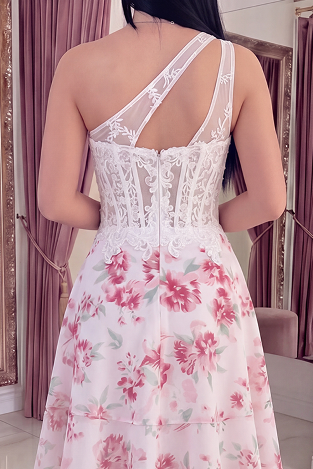 White Fuchsia Flower A Line Keyhole Short Corset Homecoming Dress with Ruffles