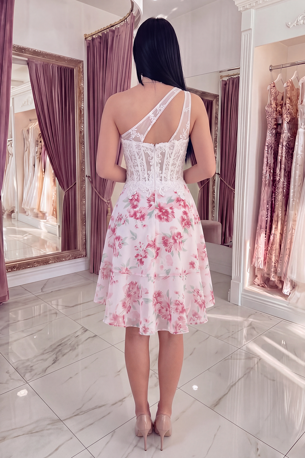 White Fuchsia Flower A Line Keyhole Short Corset Homecoming Dress with Ruffles