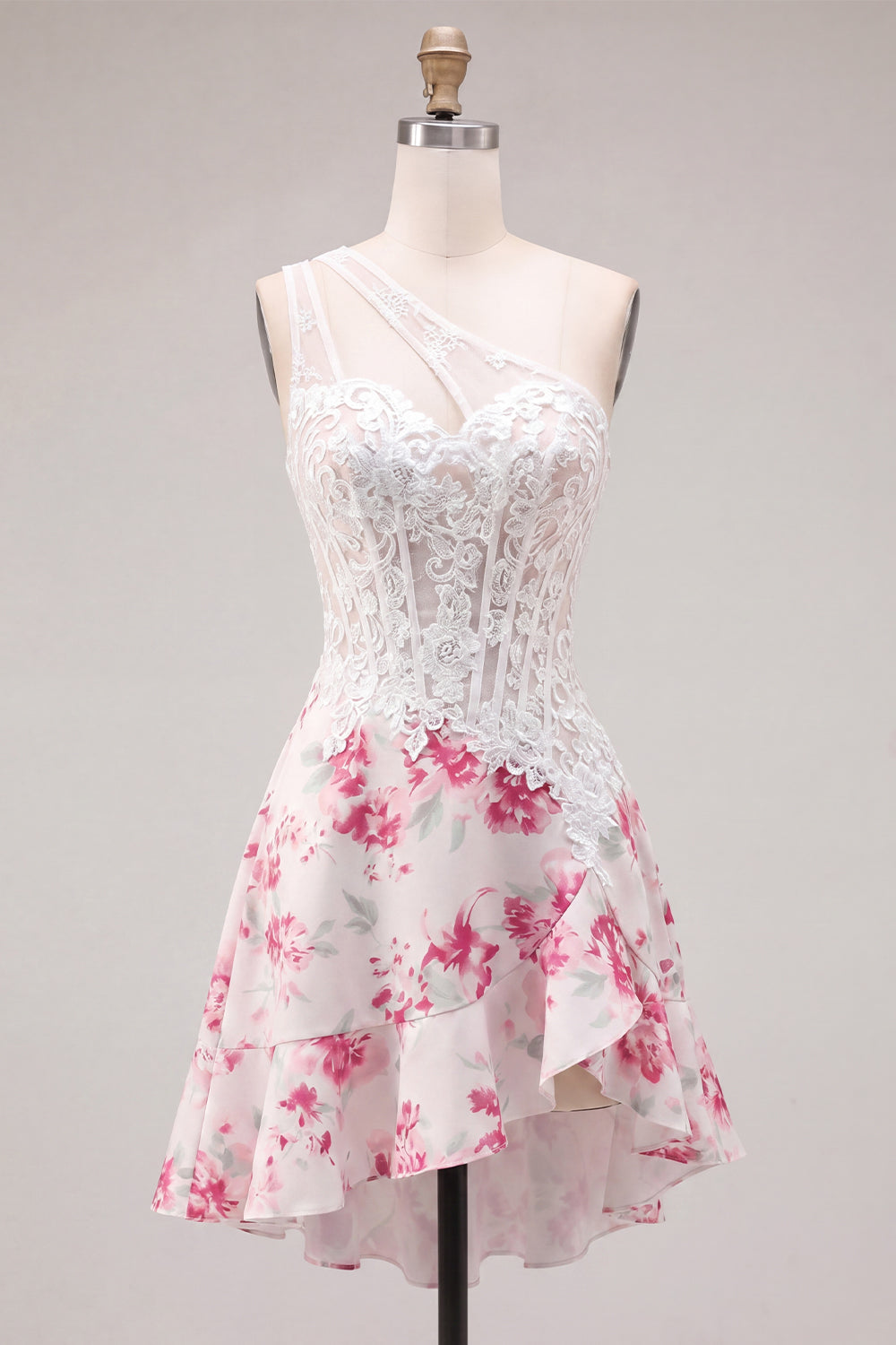 White Fuchsia Flower A Line Keyhole Short Corset Homecoming Dress with Ruffles