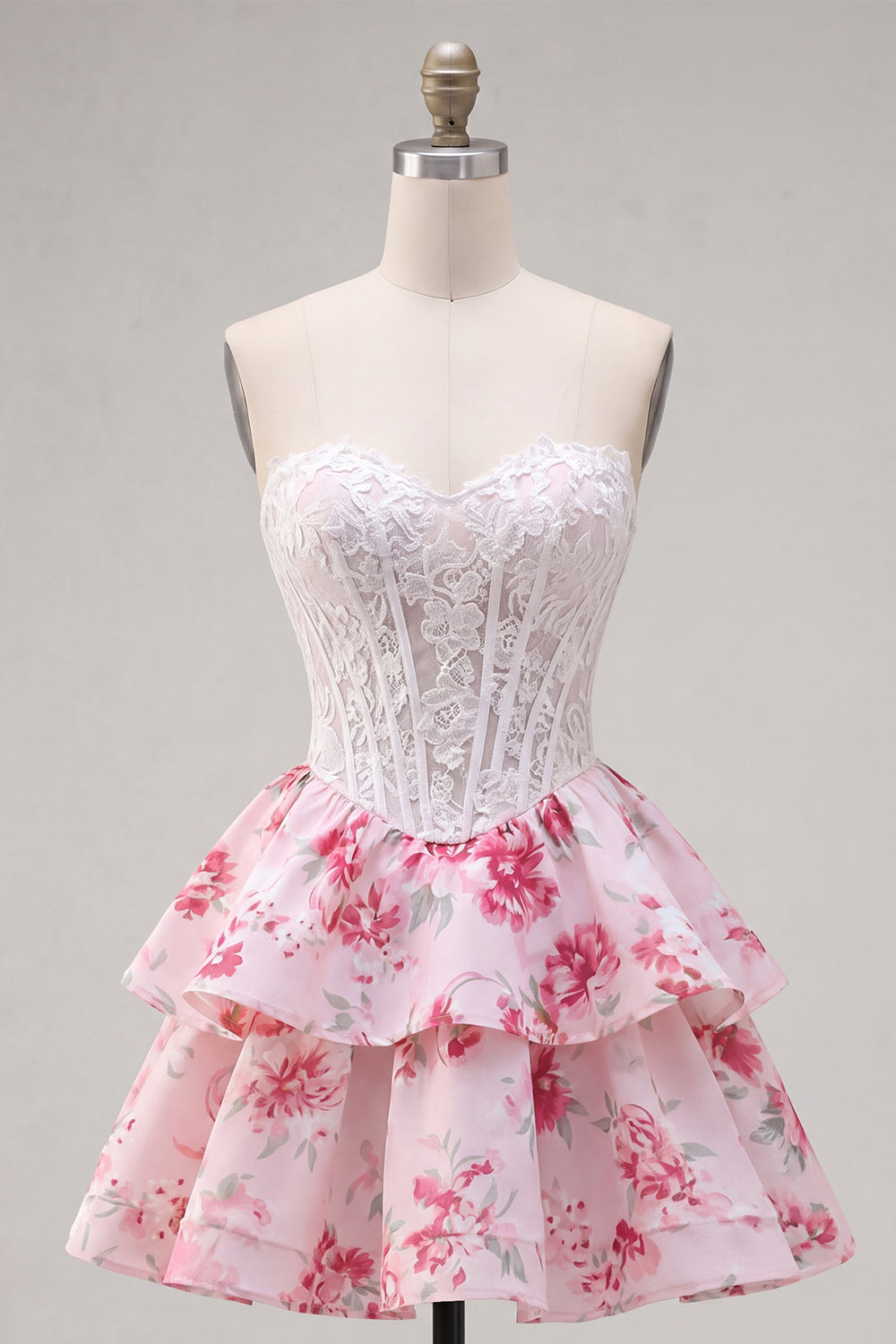 Strapless White Fuchsia Flower Ruffled A Line Short Corset Homecoming Dress with Lace