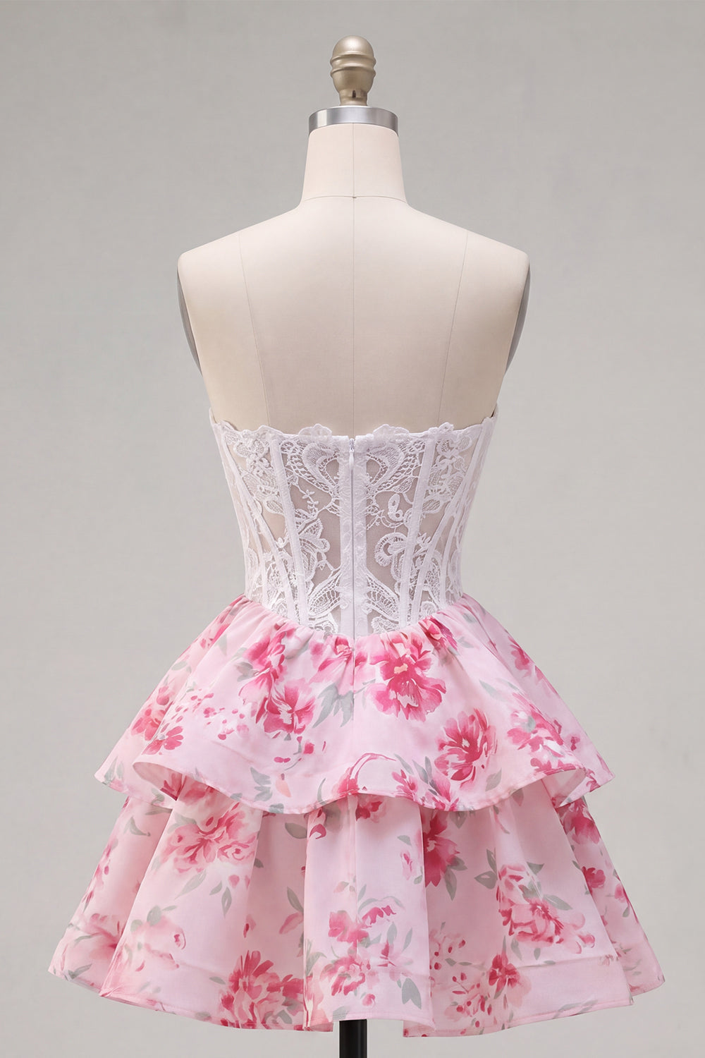 Strapless White Fuchsia Flower Ruffled A Line Short Corset Homecoming Dress with Lace