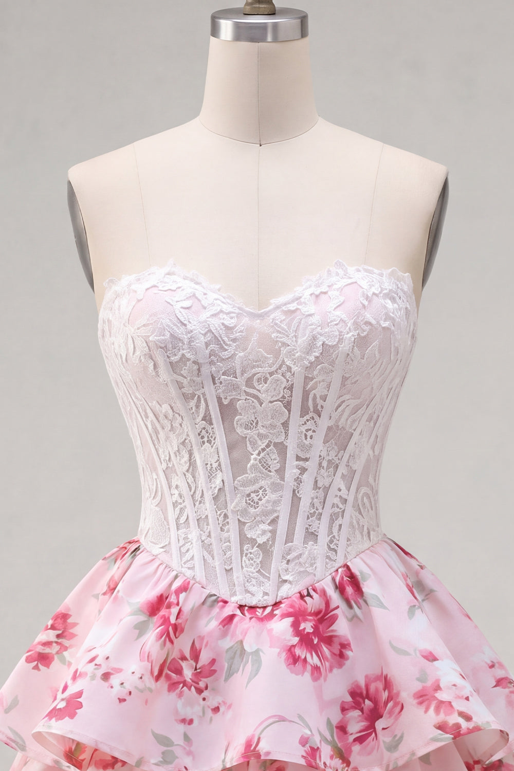 Strapless White Fuchsia Flower Ruffled A Line Short Corset Homecoming Dress with Lace