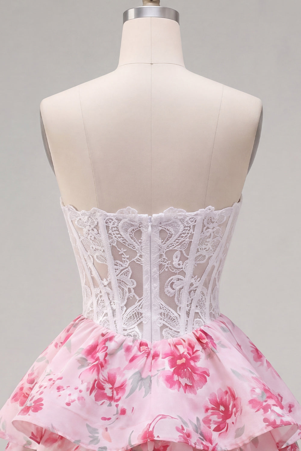 Strapless White Fuchsia Flower Ruffled A Line Short Corset Homecoming Dress with Lace