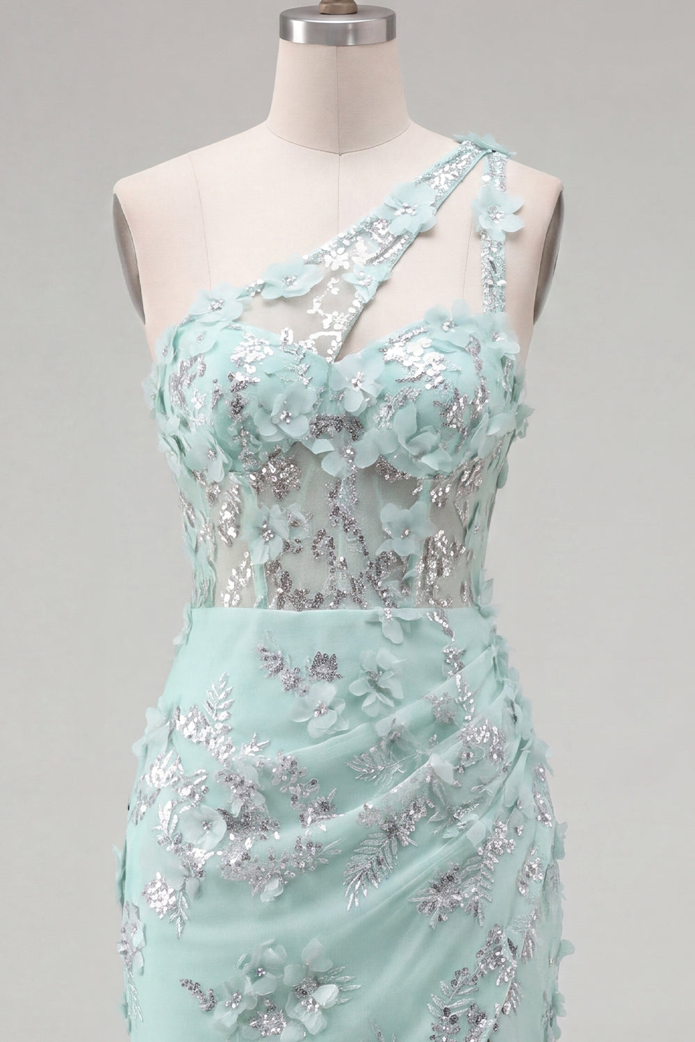 Sparkly Mint Corset Floral Tight Short Keyhole Beaded Homecoming Dress with Slit