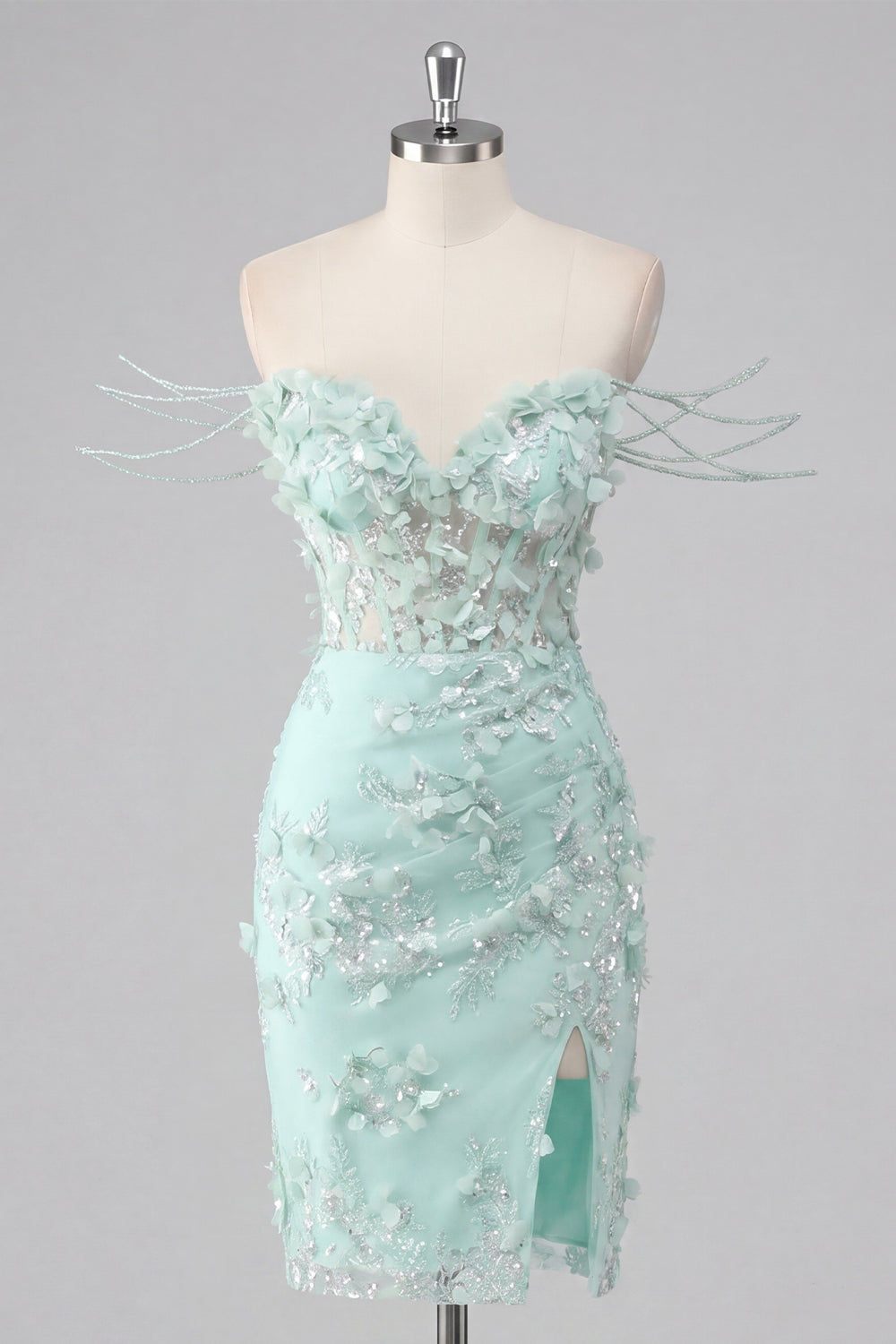 Sparkly Mint Tight Short Corset Floral Ruched Beaded Homecoming Dress with Slit