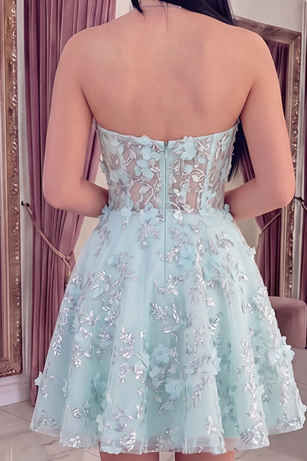 Sparkly Mint Sweetheart Floral Corset Short A Line Beaded Homecoming Dress