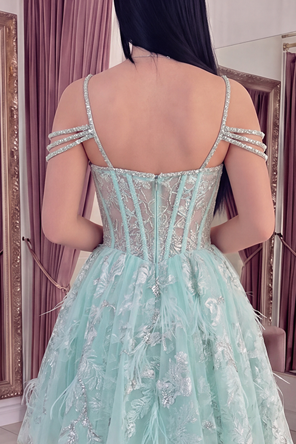 Sparkly Mint Corset Cold Shoulder Floral Short A Line Beaded Homecoming Dress