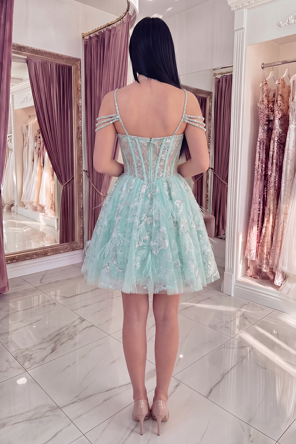 Sparkly Mint Corset Cold Shoulder Floral Short A Line Beaded Homecoming Dress