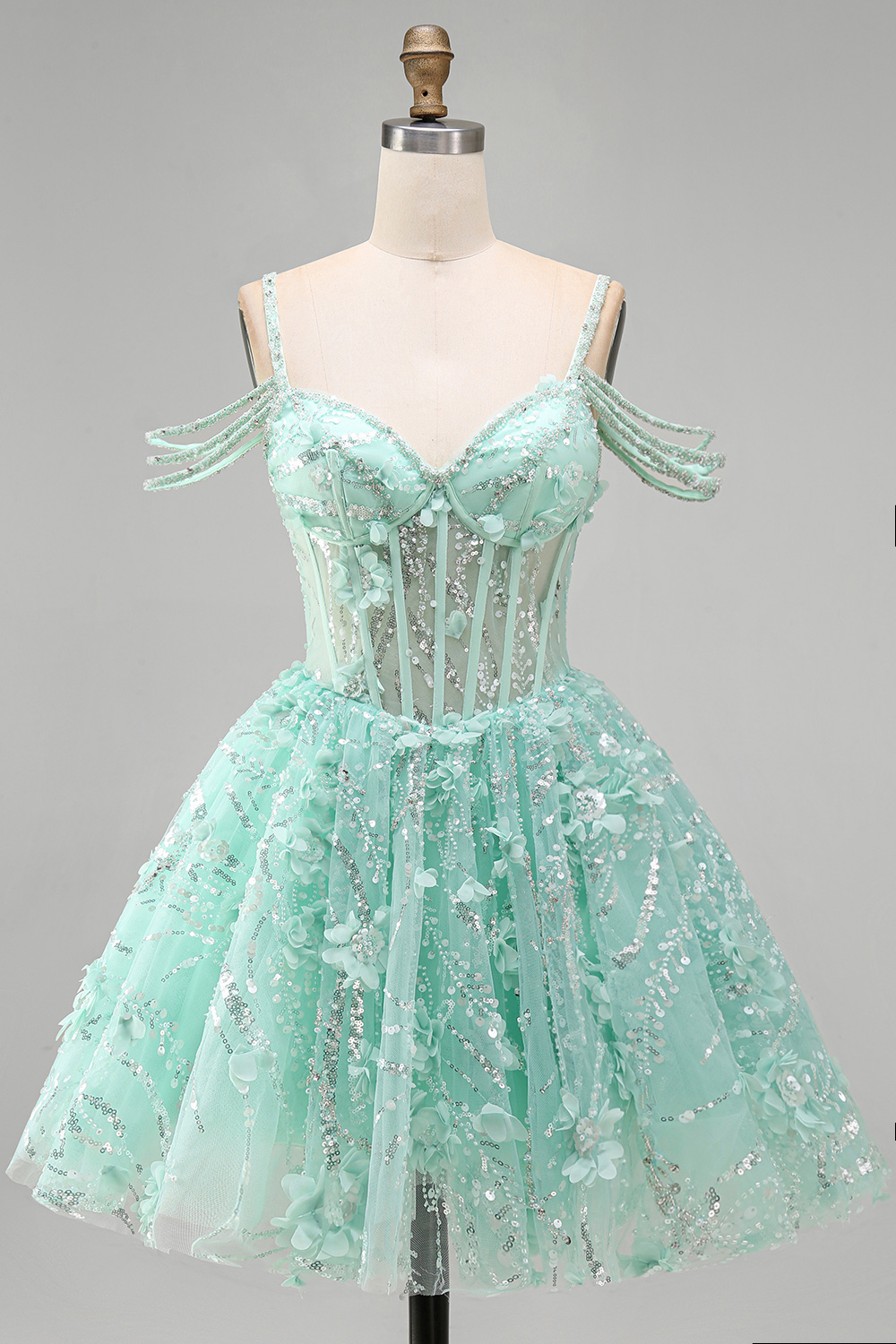 Sparkly Mint Corset Cold Shoulder Floral Short A Line Beaded Homecoming Dress
