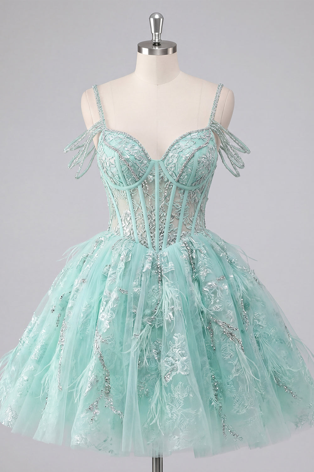 Sparkly Mint Corset Cold Shoulder Floral Short A Line Beaded Homecoming Dress