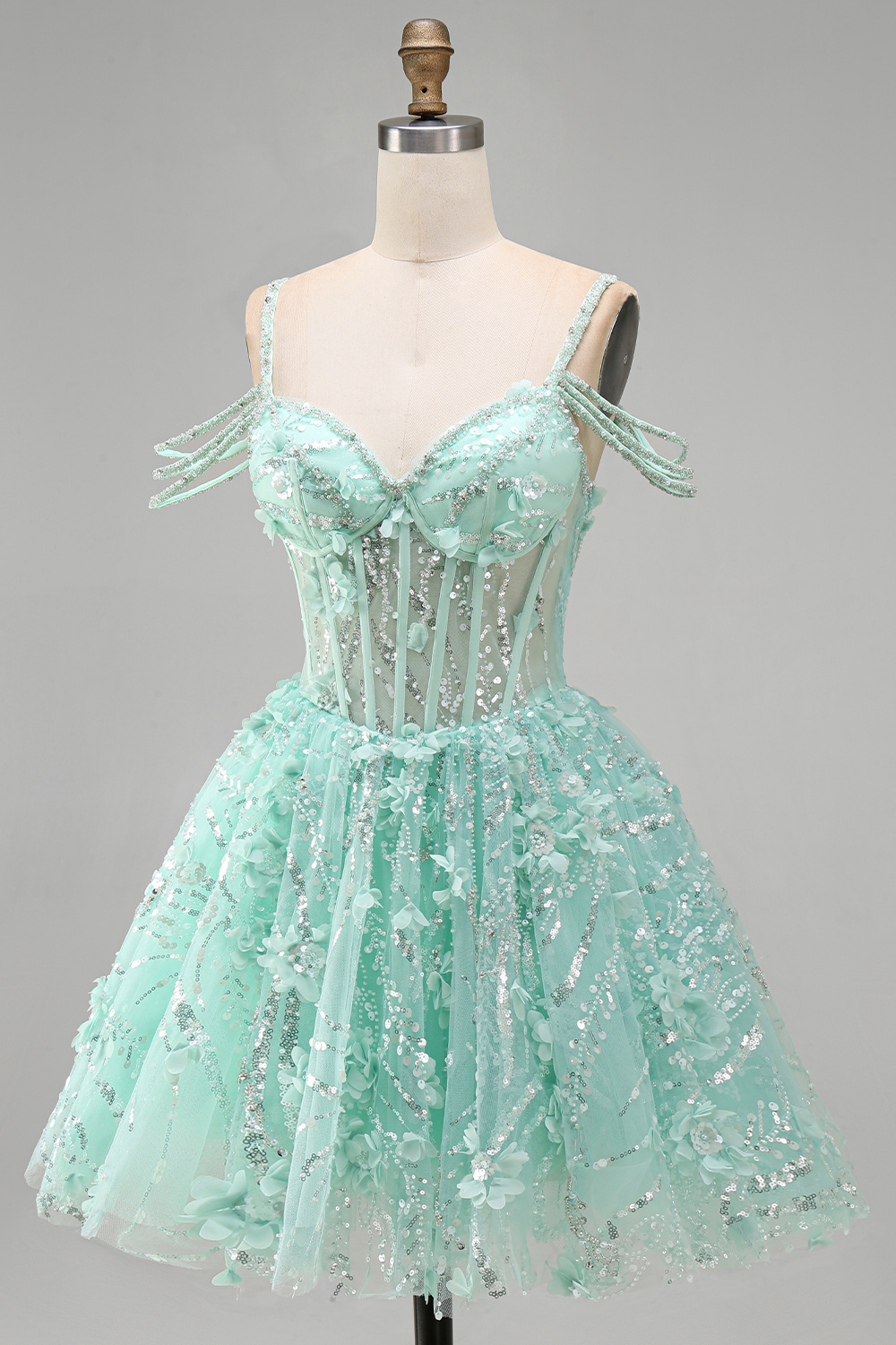 Sparkly Mint Corset Cold Shoulder Floral Short A Line Beaded Homecoming Dress