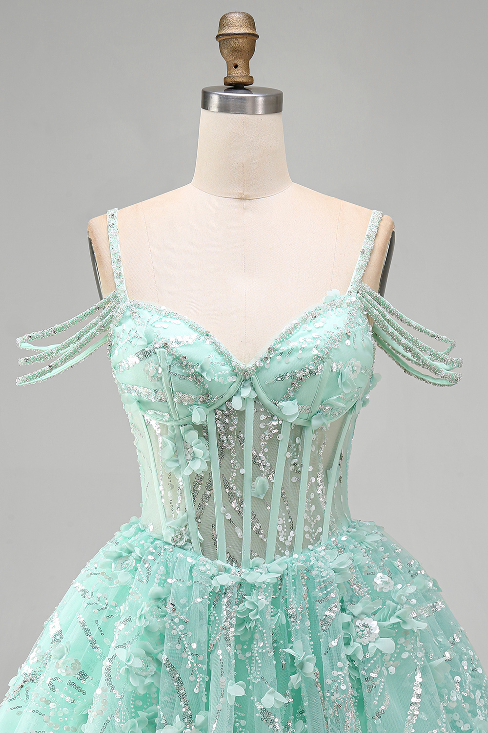 Sparkly Mint Corset Cold Shoulder Floral Short A Line Beaded Homecoming Dress