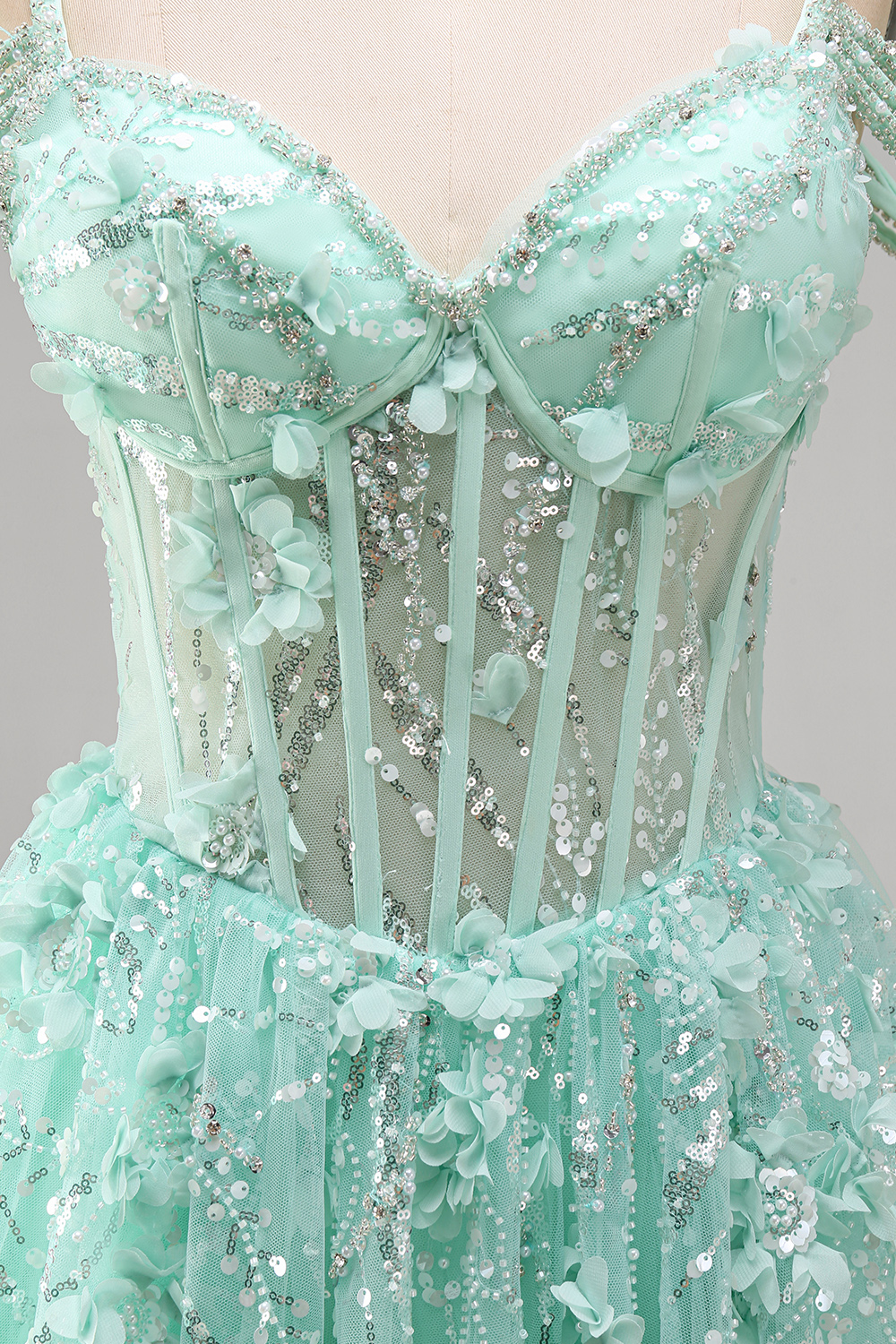 Sparkly Mint Corset Cold Shoulder Floral Short A Line Beaded Homecoming Dress