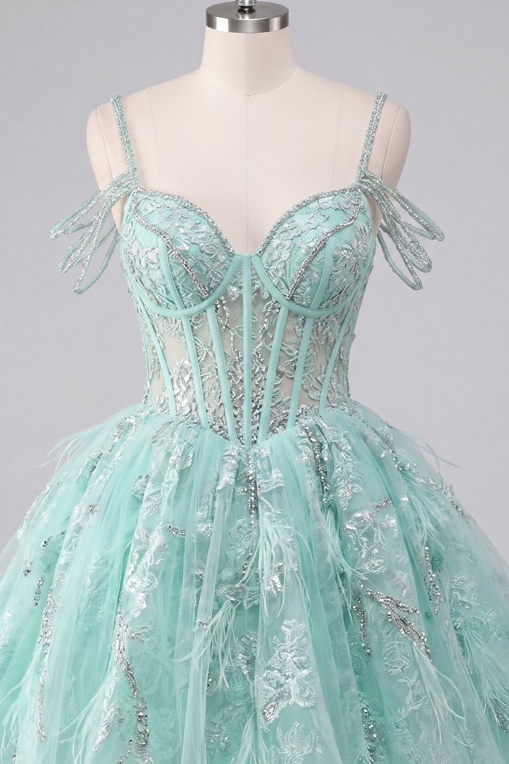 Sparkly Mint Corset Cold Shoulder Floral Short A Line Beaded Homecoming Dress