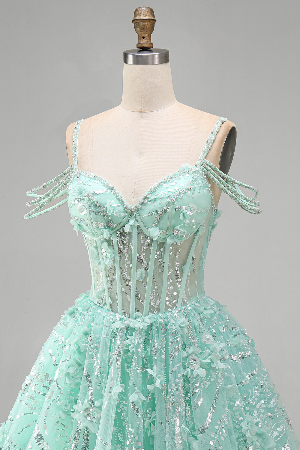 Sparkly Mint Corset Cold Shoulder Floral Short A Line Beaded Homecoming Dress