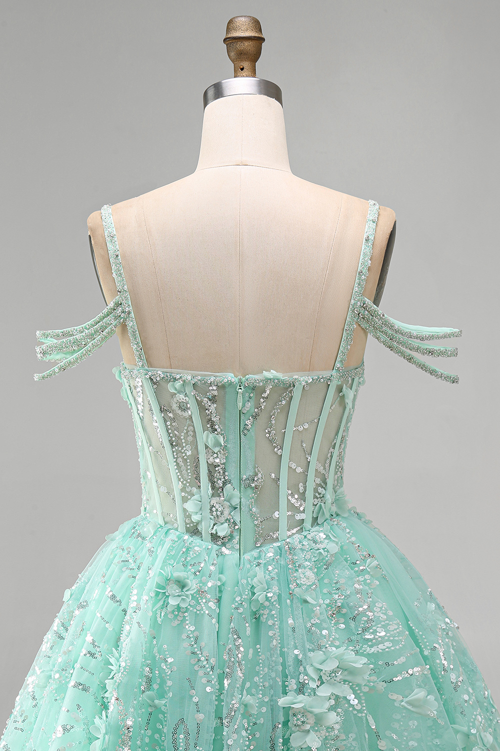 Sparkly Mint Corset Cold Shoulder Floral Short A Line Beaded Homecoming Dress
