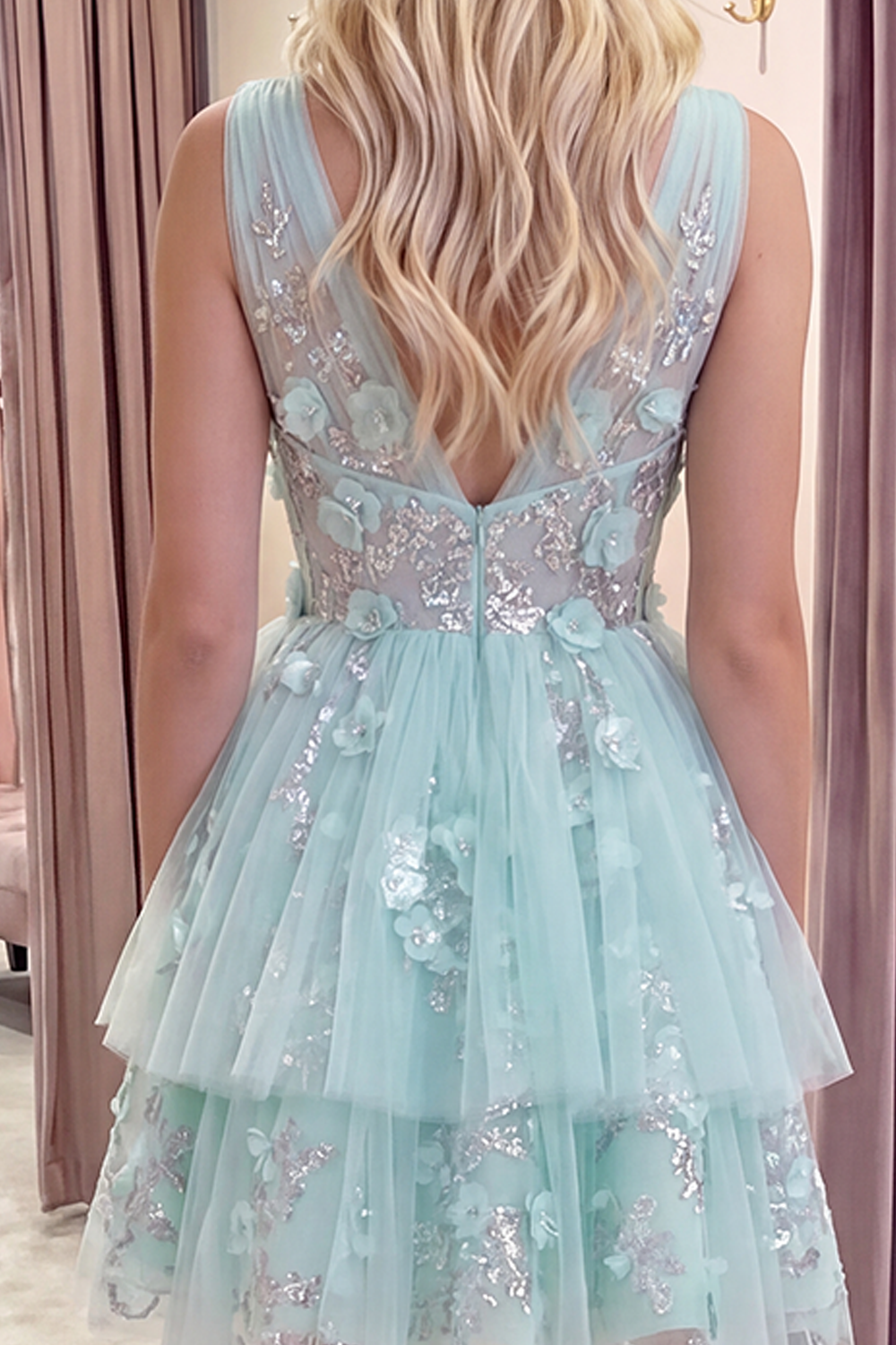 Sparkly Mint V-Neck Floral Short A Line Beaded Homecoming Dress with Ruffles