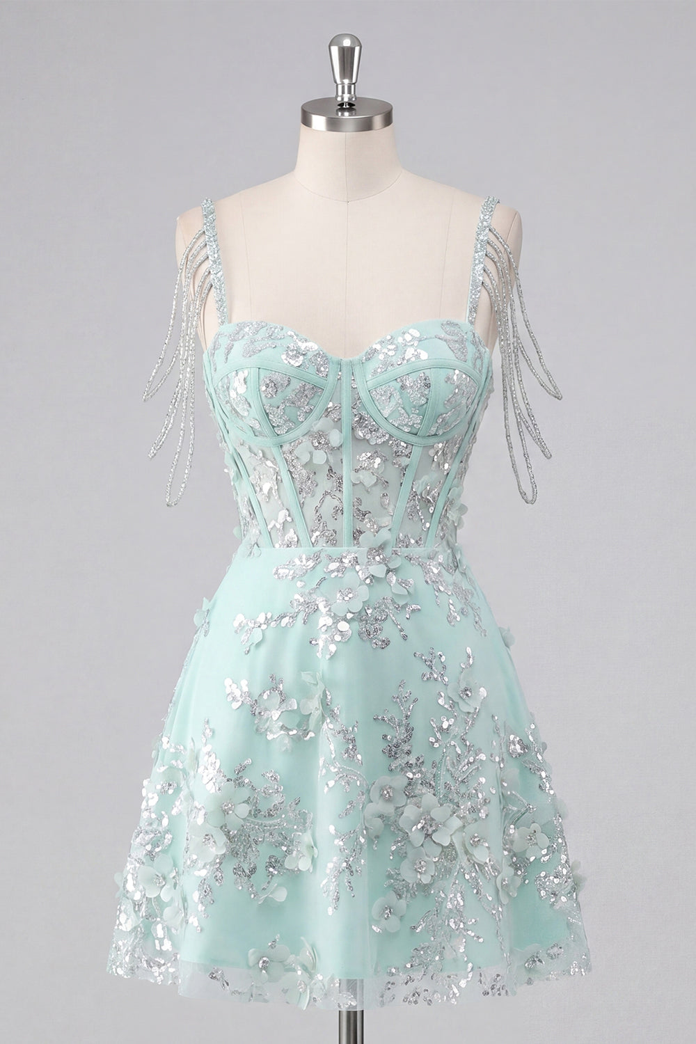 Sparkly Mint Cold Shoulder Floral Short Corset A Line Beaded Homecoming Dress