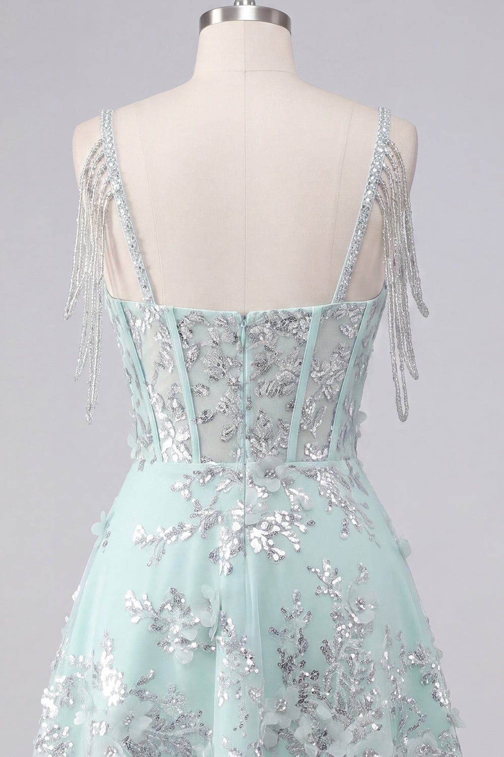 Sparkly Mint Cold Shoulder Floral Short Corset A Line Beaded Homecoming Dress