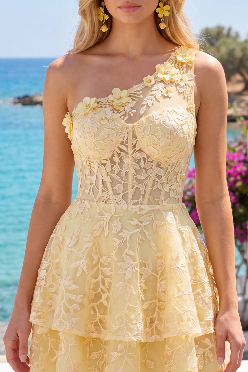 Butter Yellow Lace Floral One Shoulder Ruffled A Line Short Corset Homecoming Dress
