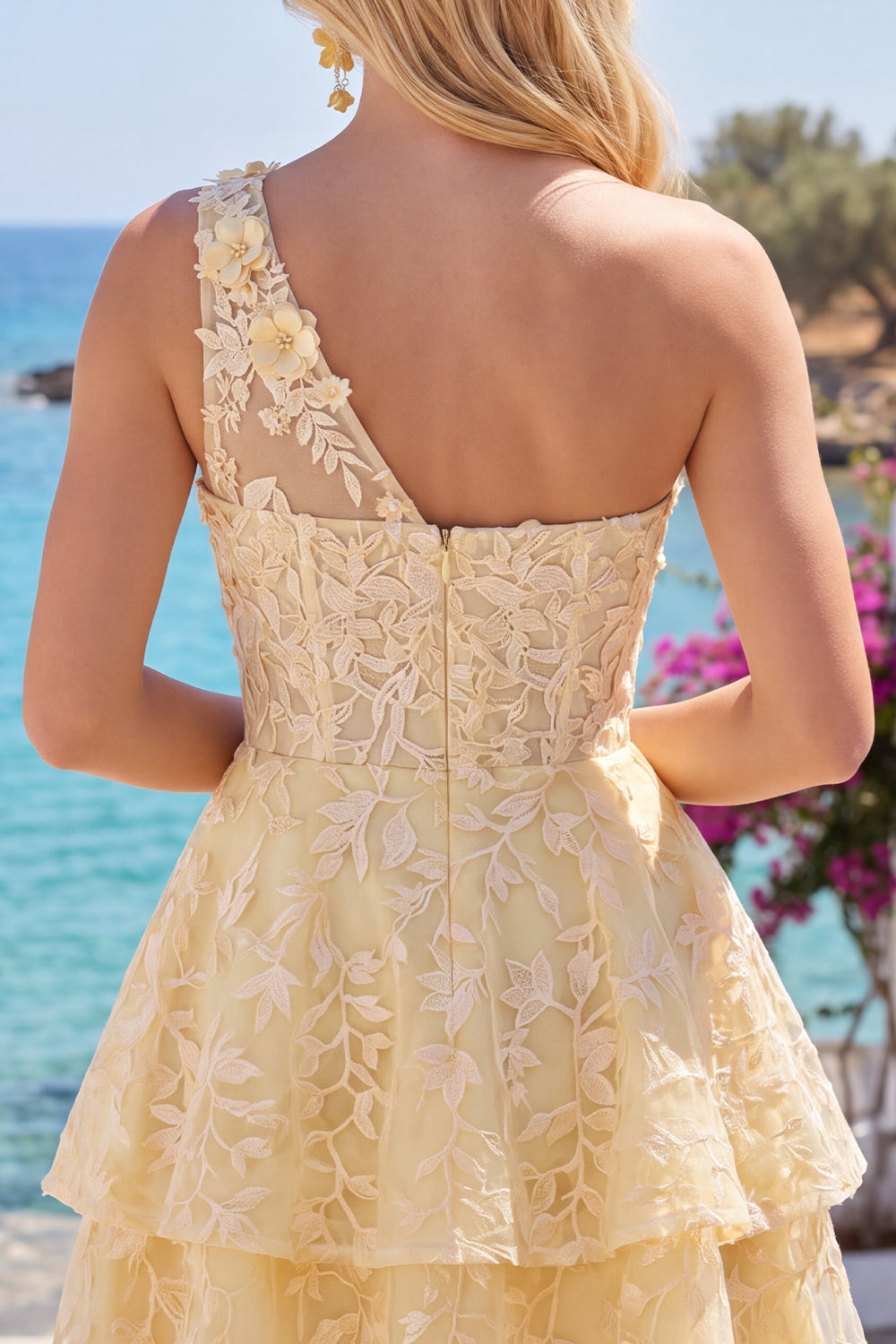 Butter Yellow Lace Floral One Shoulder Ruffled A Line Short Corset Homecoming Dress